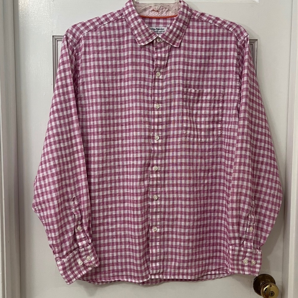 Tommy Bahama Barbados Breeze Stretch XL Pink Gingham Linen Button Up‎ Shirt